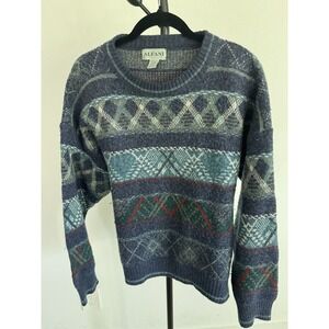 Vintage Alfani Mens Alpaca Blend Grandpa Sweater Size L Blue Southwestern Aztec